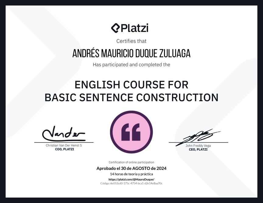 Diploma del Curso de Construcción de Oraciones en Inglés