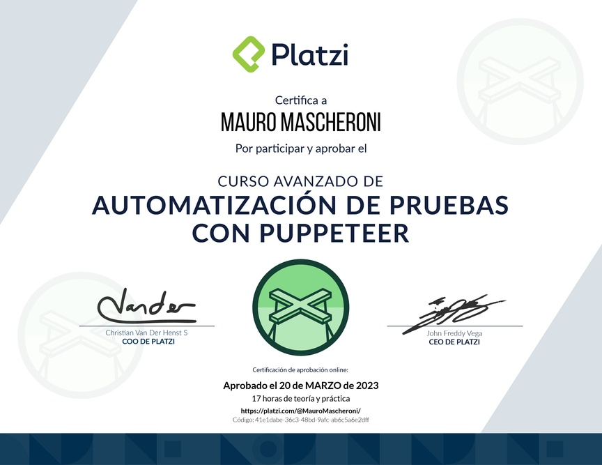 Diploma del Curso Avanzado de Automatización de Pruebas con Puppeteer