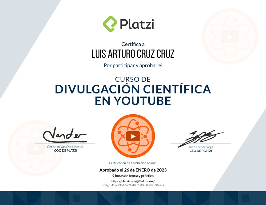 Diploma del Curso de Divulgación Educativa en YouTube