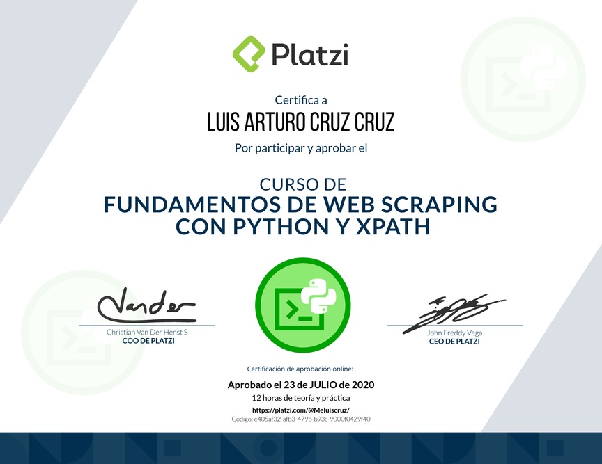 Diploma del Curso de Fundamentos de Web Scraping con Python y Xpath