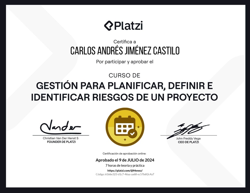 Diploma del Curso de Gestión para Planificar, Definir e Identificar Riesgos de un Proyecto