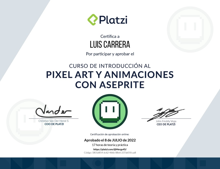 Diploma del Curso de Introducción al Pixel Art y Animaciones con Aseprite