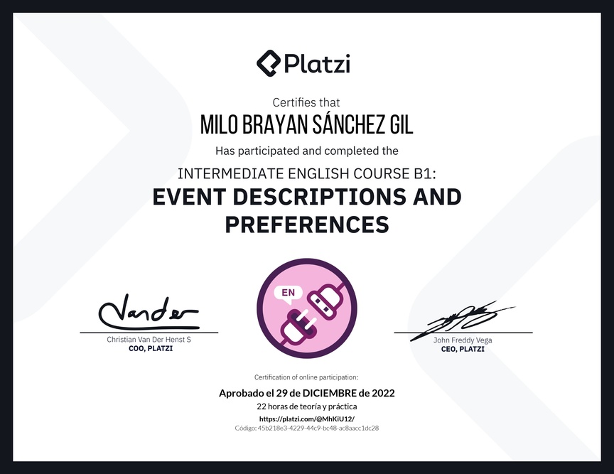 Diploma del Curso de Inglés Intermedio B1: Descripción de Eventos y Preferencias