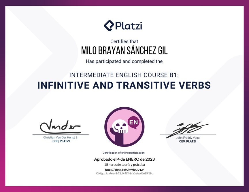 Diploma del Curso de Inglés Intermedio B1: Verbos Infinitivos y Transitivos (2021)