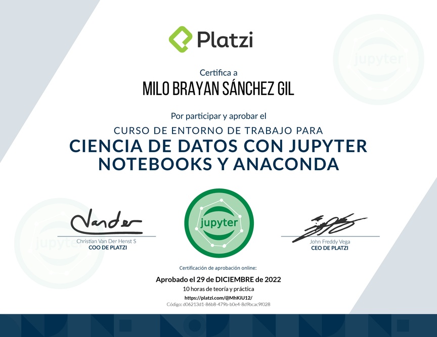 Diploma del Curso de Entorno de Trabajo para Ciencia de Datos con Jupyter Notebooks y Anaconda