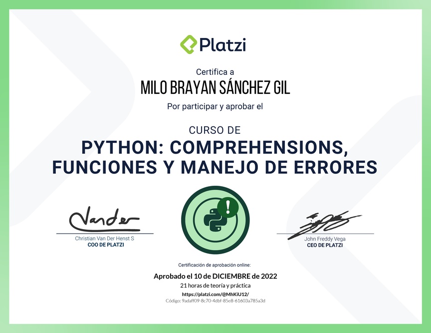 Diploma del Curso de Python: Comprehensions, Funciones y Manejo de Errores