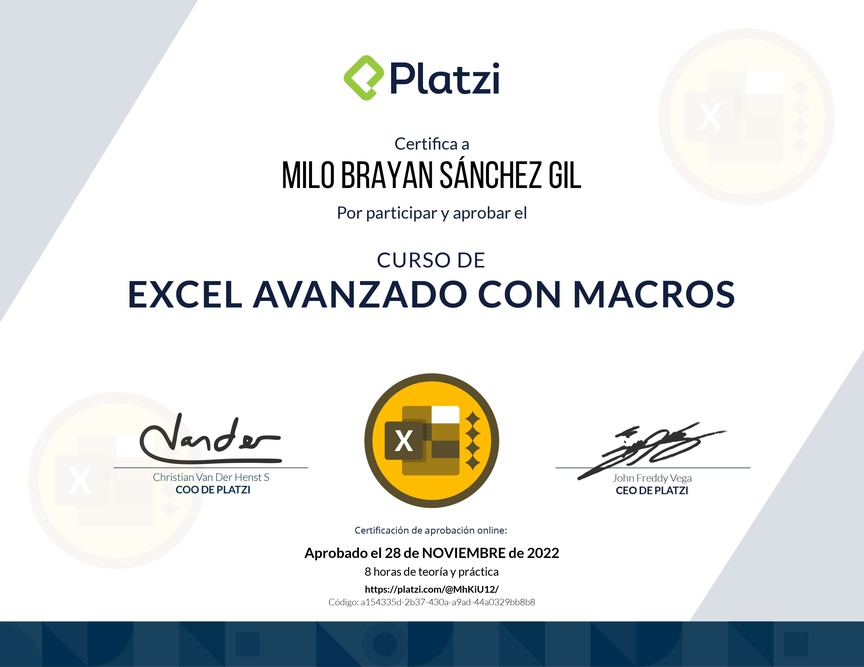 Diploma del Curso de Excel Avanzado con Macros