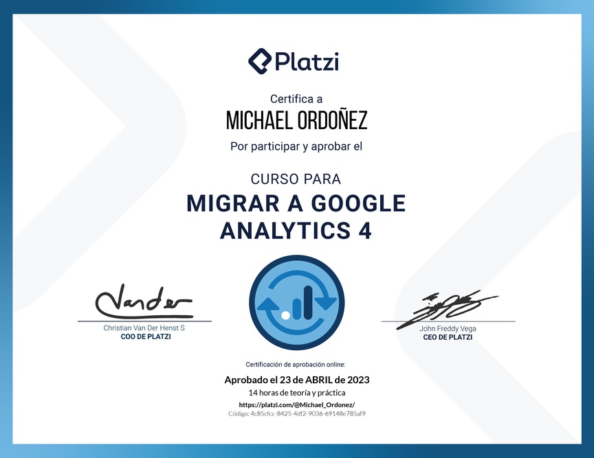 Diploma del Curso de Migración de Datos a Google Analytics 4