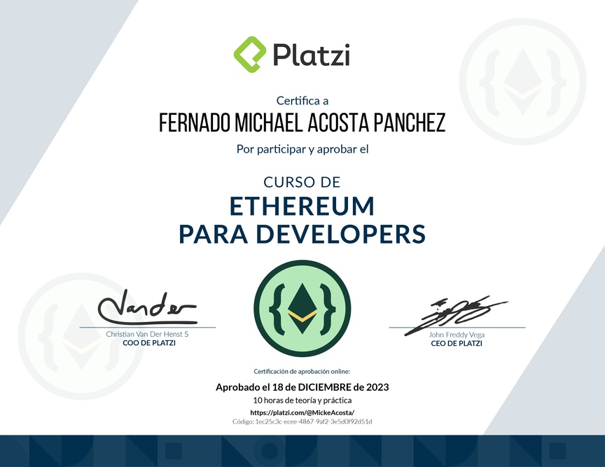 Diploma del Curso de Ethereum para Developers