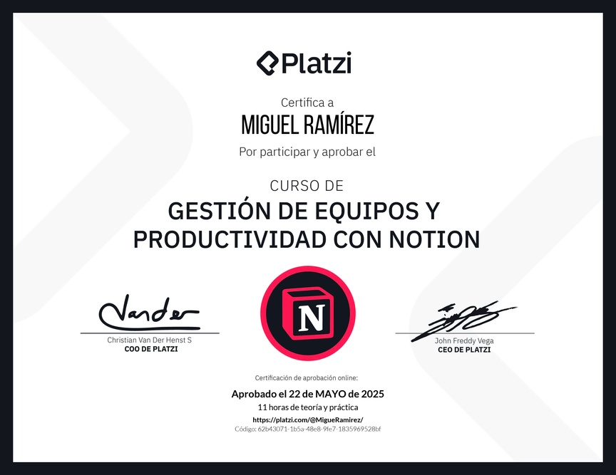 Diploma del Curso de Gestión de Equipos y Productividad con Notion