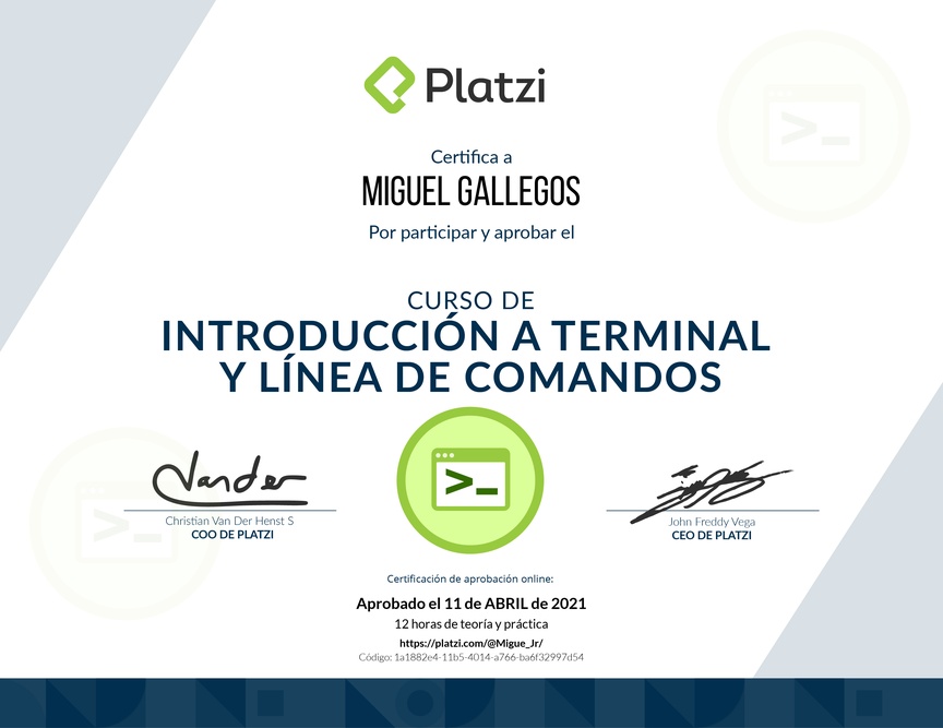 Diploma del Curso de Introducción a la Terminal y Línea de Comandos 2019