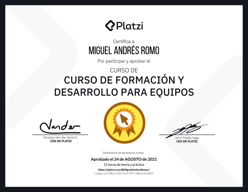Diploma del Curso de Formación y Desarrollo para Equipos