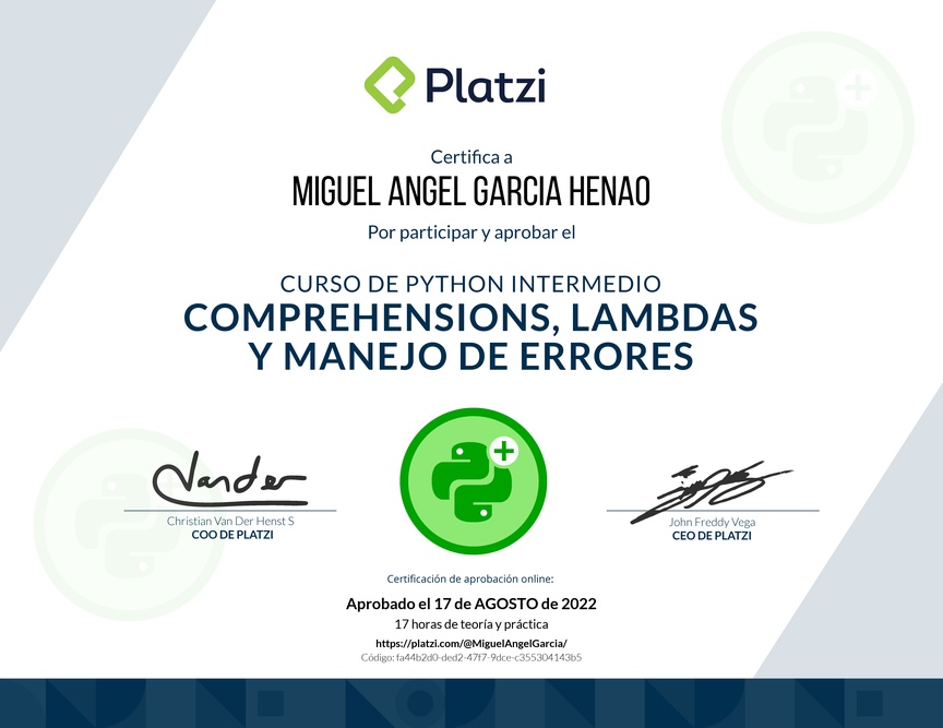 Diploma del Curso de Python Intermedio: Comprehensions, Lambdas y Manejo de Errores