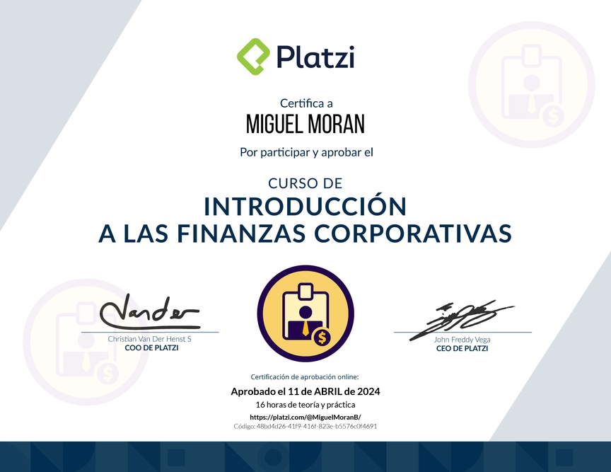 Diploma del Curso de Introducción a las Finanzas Corporativas