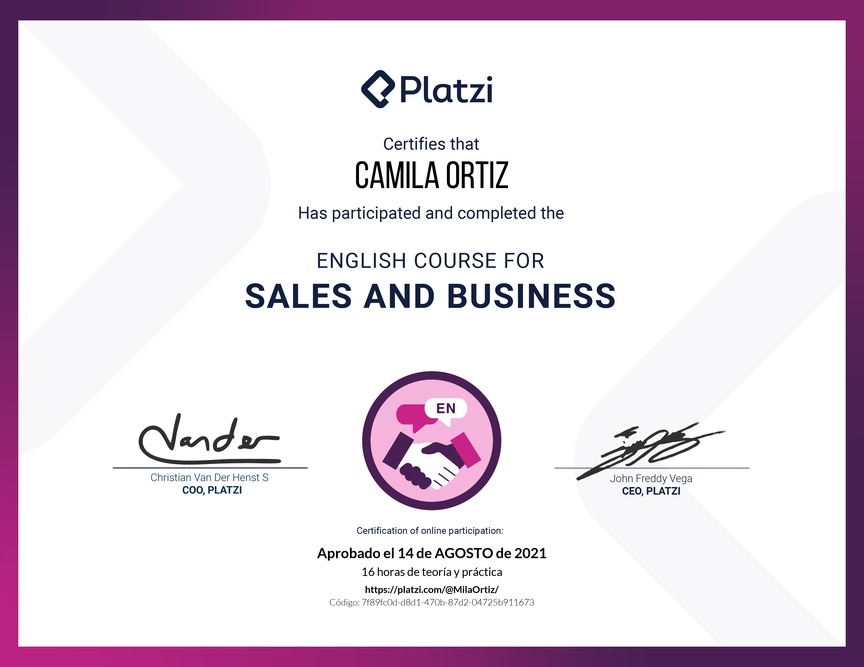 Diploma del Curso para Ventas y Negocios en Inglés (2020)