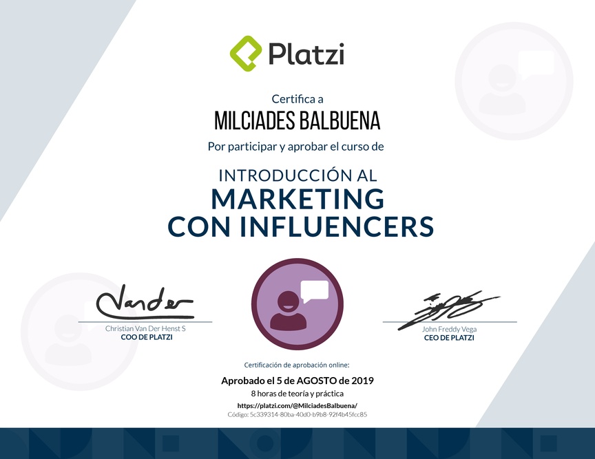 Diploma de Introducción al marketing con influencers 2017