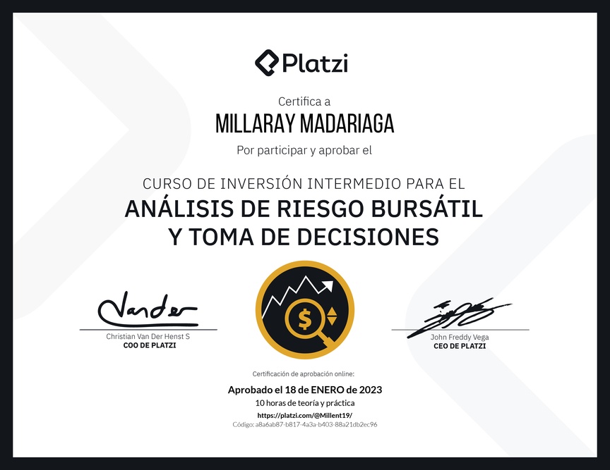 Diploma del Curso de Inversión Intermedio para el Análisis de Riesgo Bursátil y Toma de Decisiones