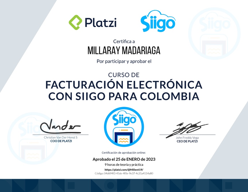 Diploma del Curso de Facturación Electrónica con Siigo para Colombia