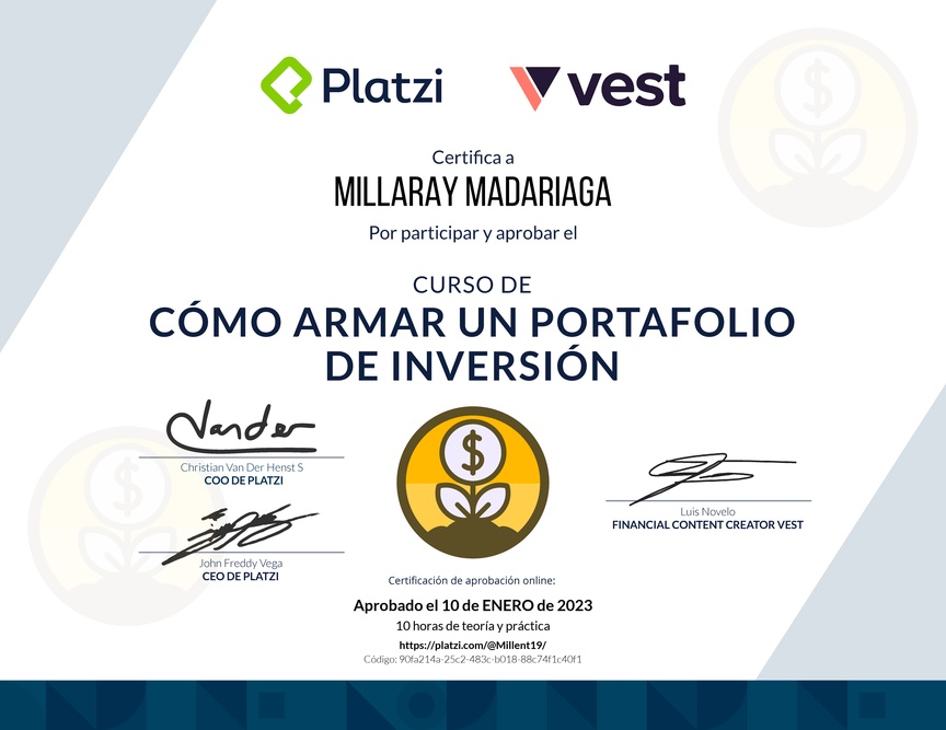 Diploma del Curso de Cómo Armar un Portafolio de Inversión con Vest