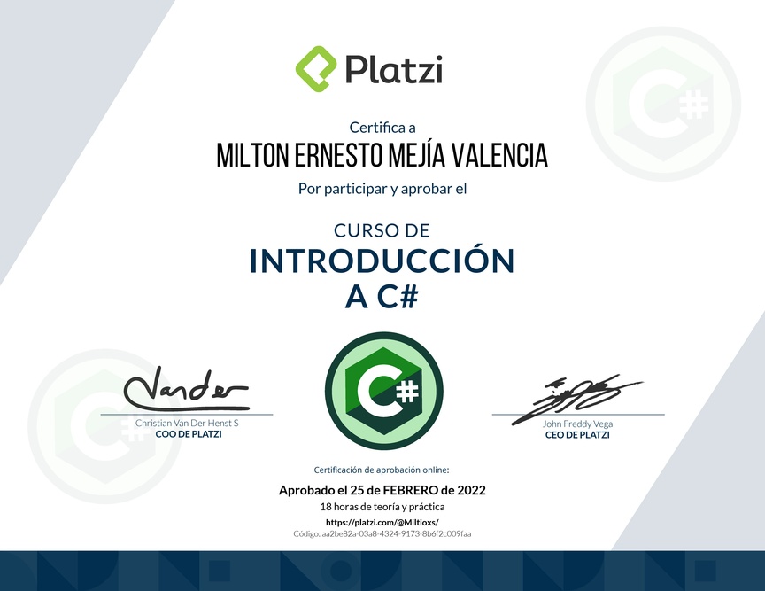 Diploma del Curso de Introducción a C# con .NET 3.1