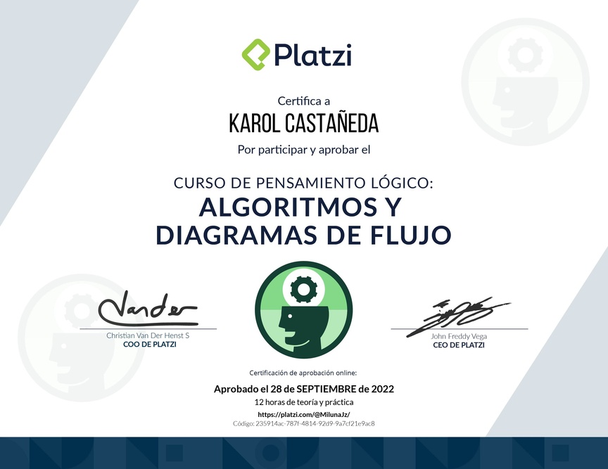 Diploma del Curso de Pensamiento Lógico: Algoritmos y Diagramas de Flujo