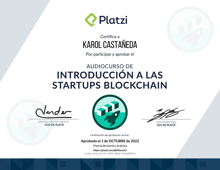 Diploma de Audiocurso de Introducción a las Startups Blockchain