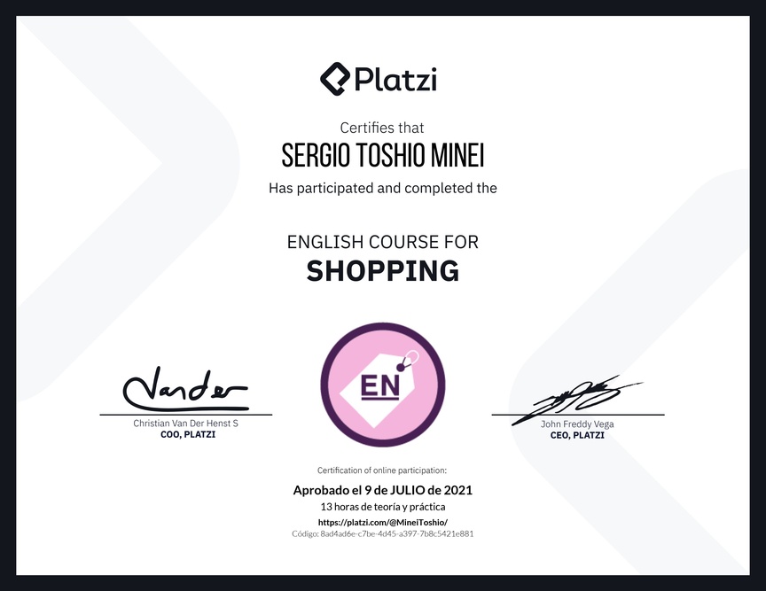 Diploma del Curso de Inglés para Compras (2020)