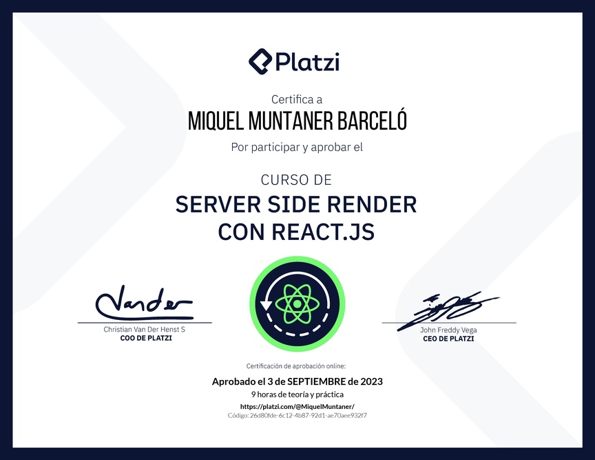 Diploma del Curso de Server Side Render o SSR con React.js
