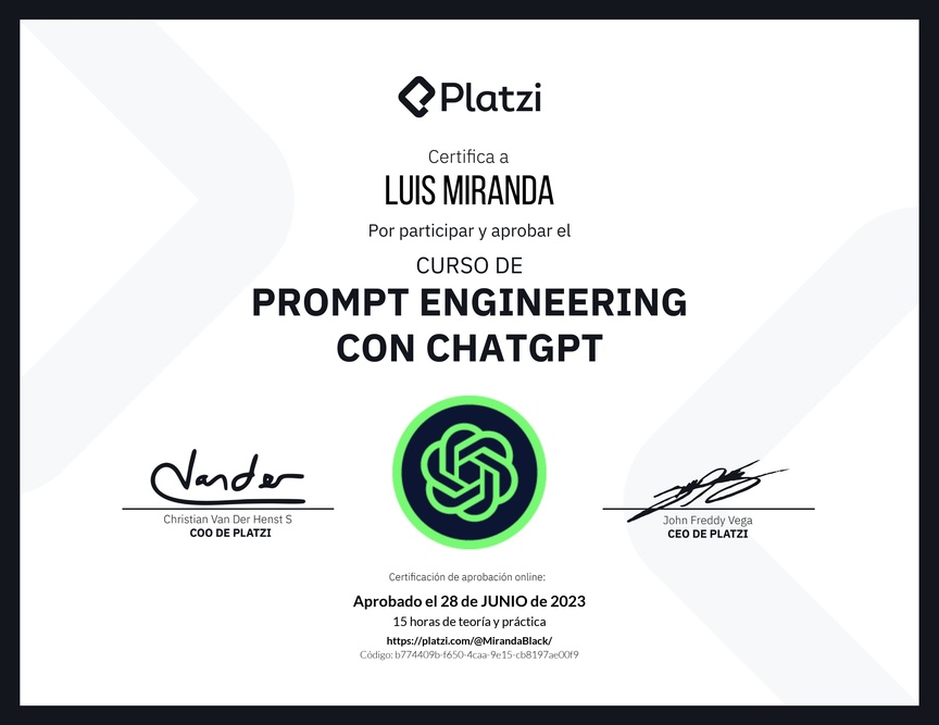Diploma del Curso de Prompt Engineering con ChatGPT