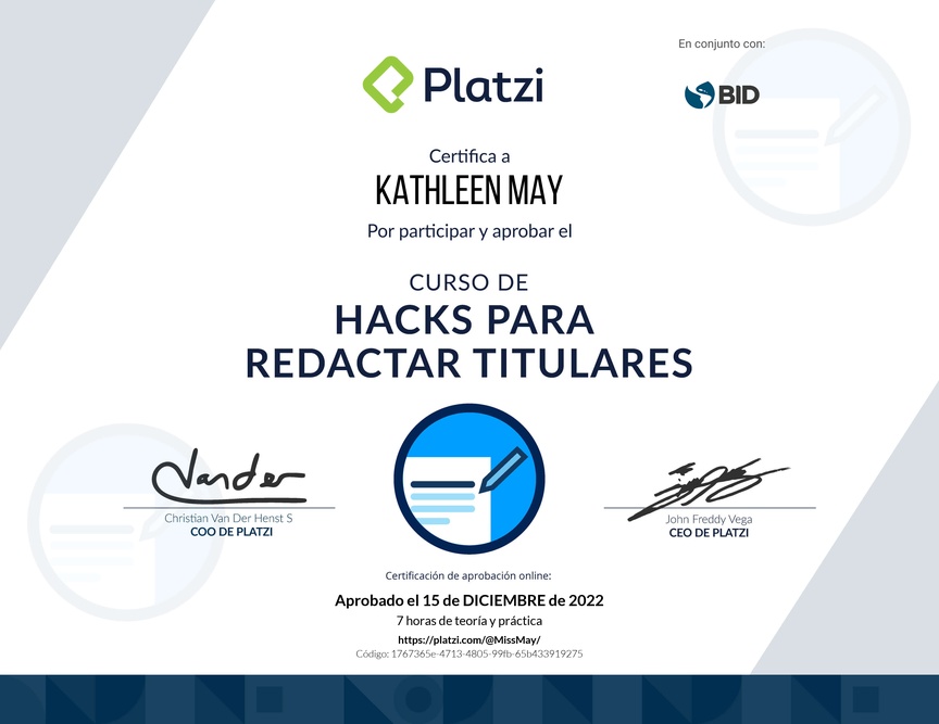 Diploma del Curso de Hacks para Redactar Titulares