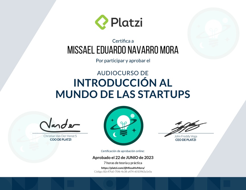 Diploma de Audiocurso de Introducción al Mundo de las Startups