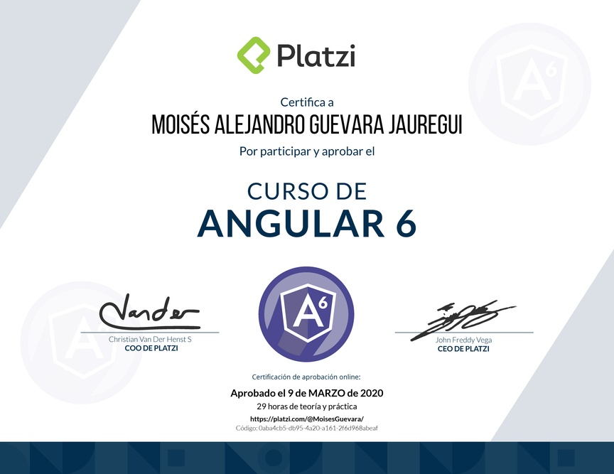 Diploma del Curso de Angular 6 2018