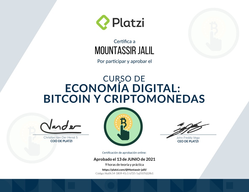 Diploma del Curso de Lectura Economía Digital: Bitcoin y Criptomonedas