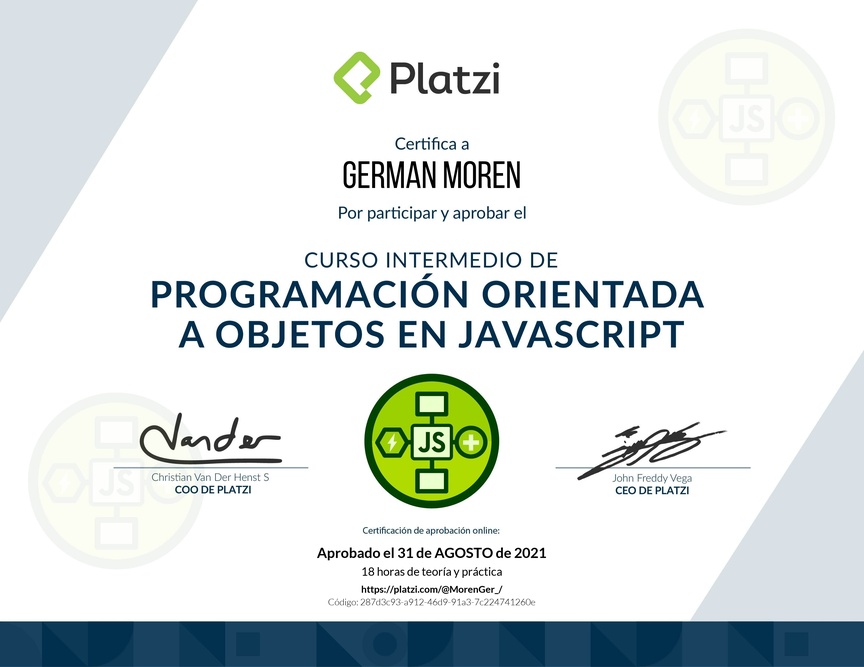Diploma del Curso Intermedio de Programación Orientada a Objetos en JavaScript
