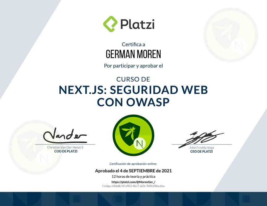 Diploma del Curso de Next.js: Seguridad Web con OWASP