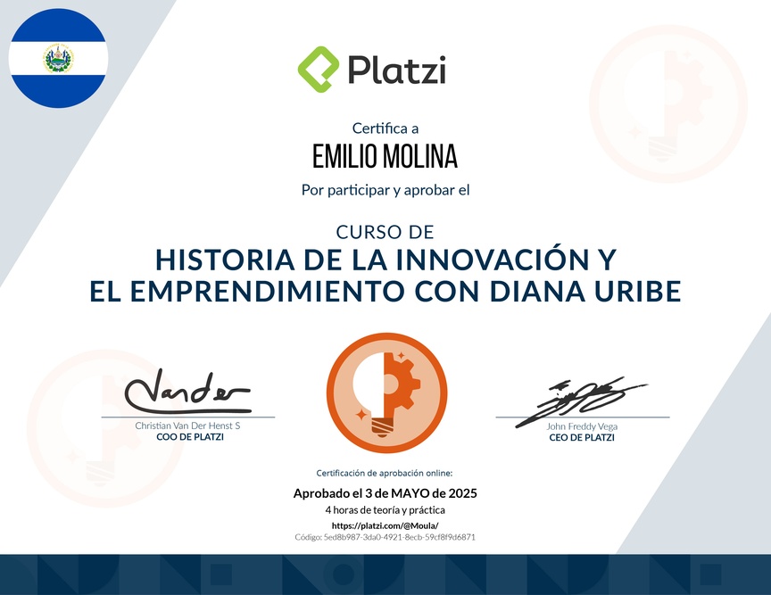 Diploma del Curso de Historia de la Innovación y el Emprendimiento con Diana Uribe