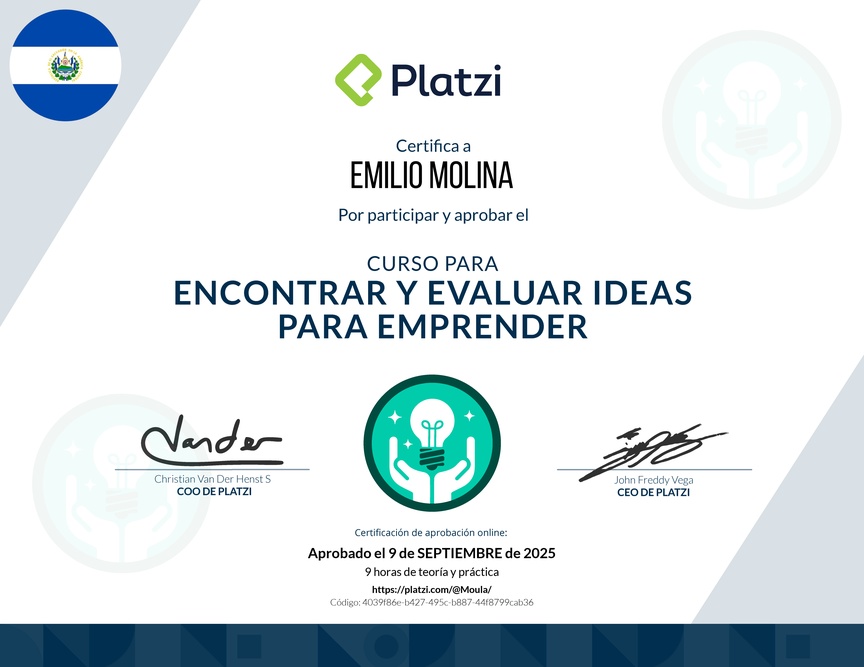 Diploma del Curso para Encontrar y Evaluar Ideas para Emprender