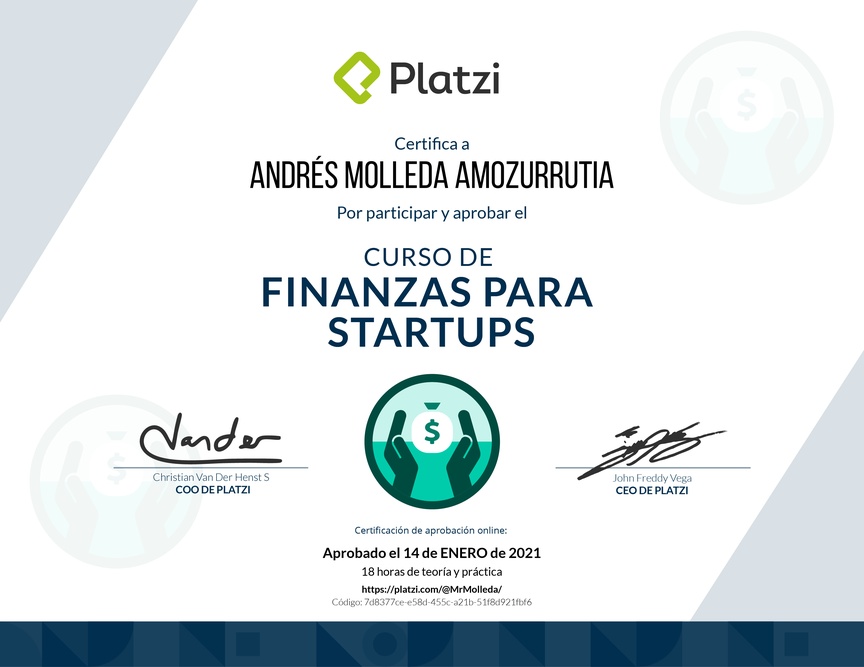 Diploma del Curso de Finanzas para Startups