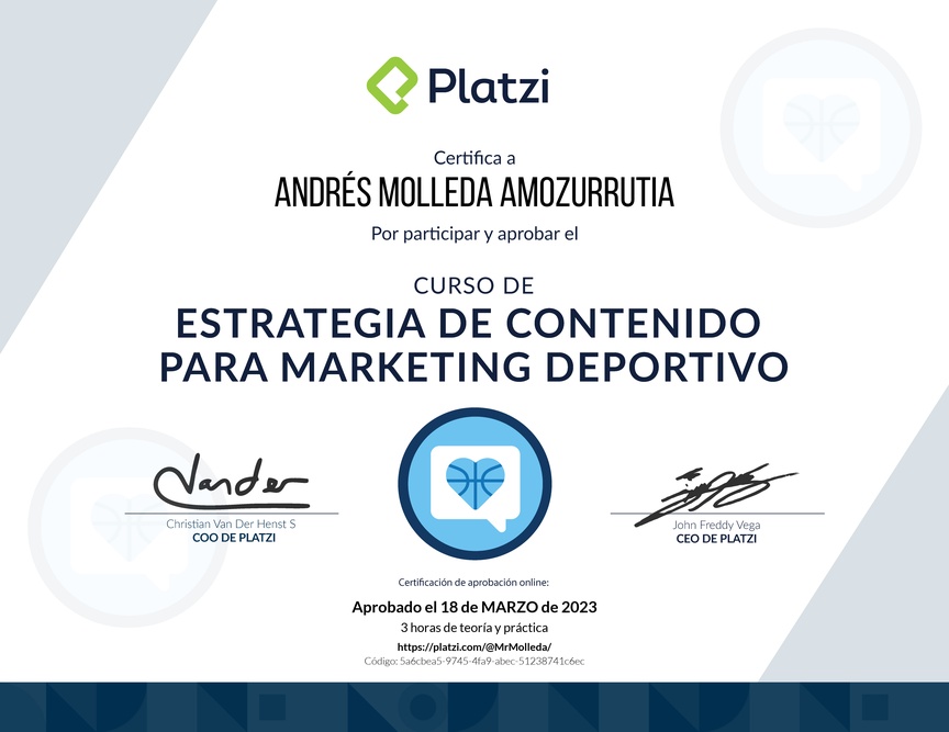 Diploma del Curso de Estrategia de Contenido para Marketing Deportivo