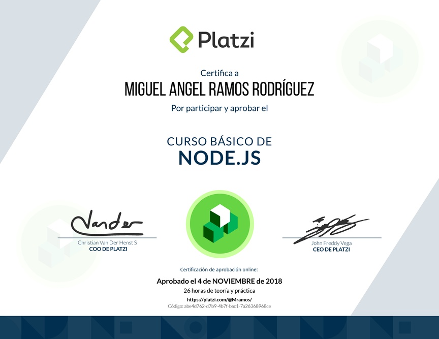 Diploma del Curso Básico de Node.js 2018