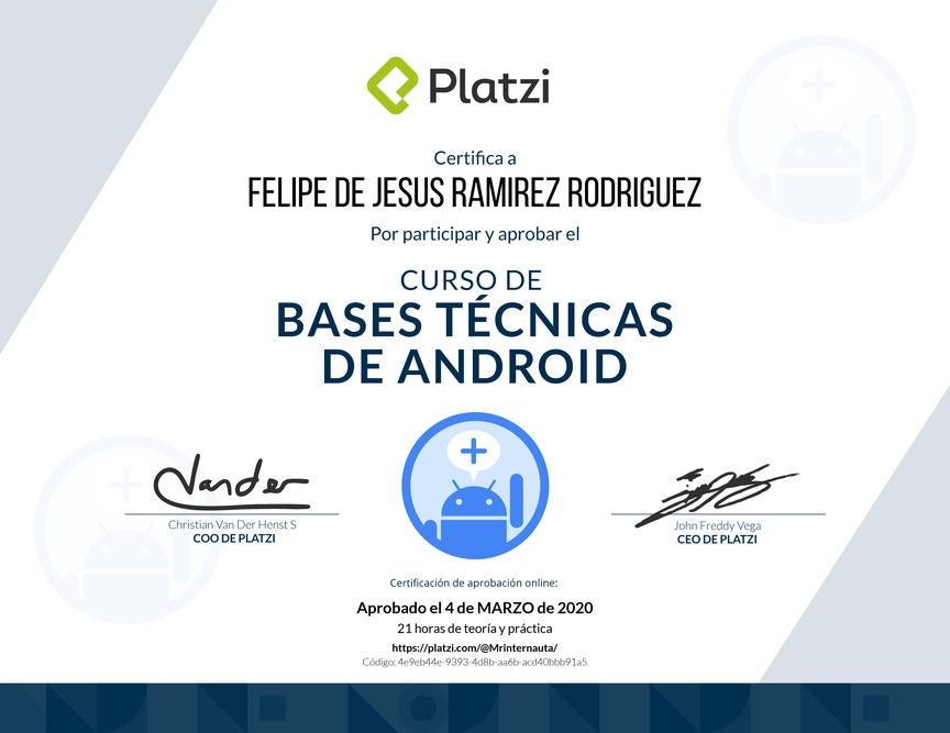 Diploma del Curso de Bases Técnicas de Android