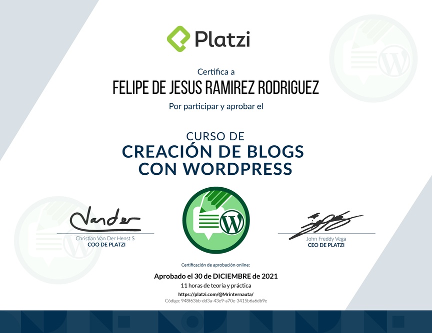 Diploma del Curso de Creación de Blogs con WordPress