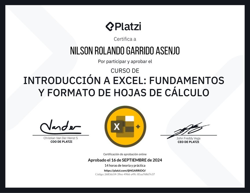 Diploma del Curso de Introducción a Excel para Principiantes: Fundamentos y Formato de Hojas de Cálculo