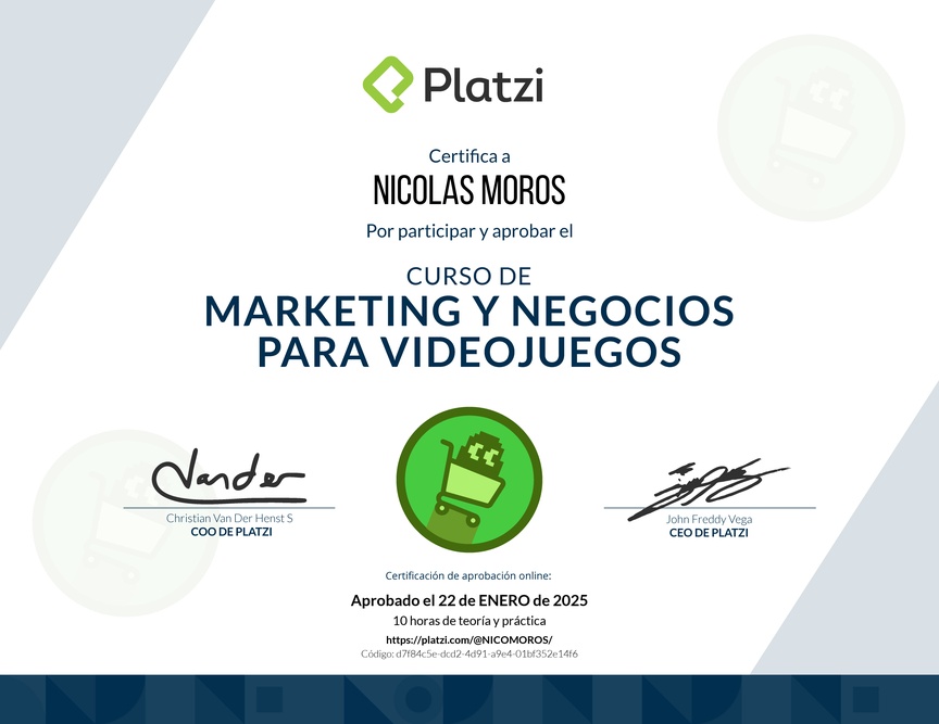 Diploma del Curso de Marketing y Negocios para Videojuegos