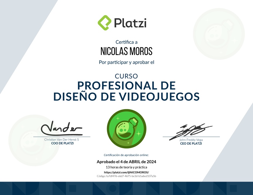 Diploma del Curso Profesional de Diseño de Videojuegos