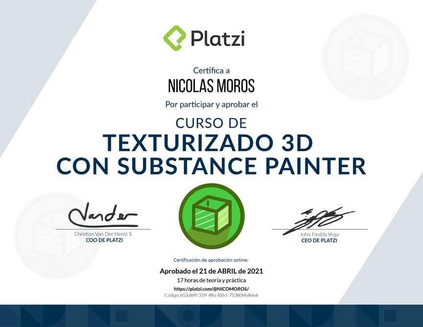 Diploma del Curso de Texturizado 3D con Substance Painter