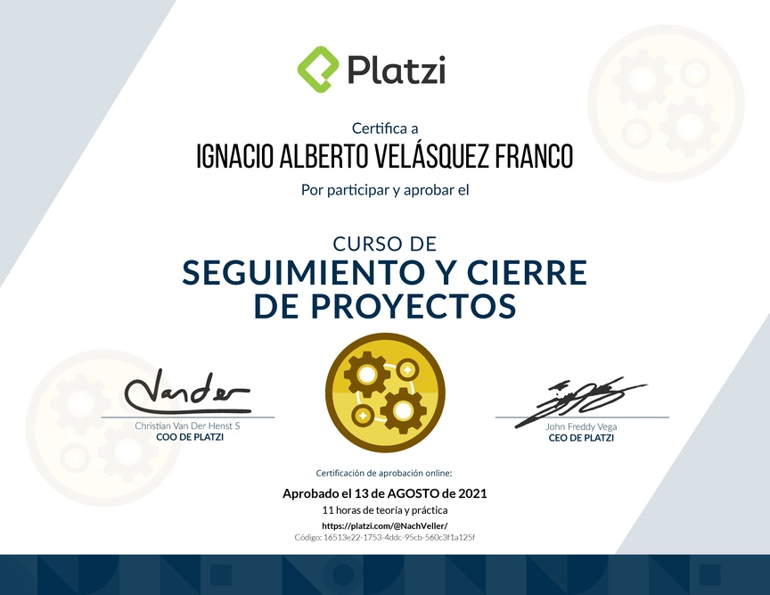 Diploma del Curso de Seguimiento y Cierre de Proyectos