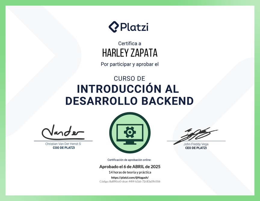 Diploma del Curso de Introducción al Desarrollo Backend