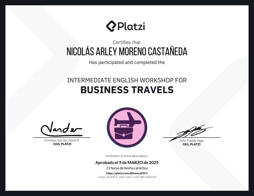 Diploma del Curso de Inglés Práctico para Viajes de Negocios