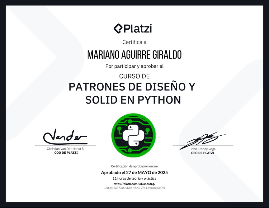 Diploma del Curso de Patrones de Diseño y SOLID en Python